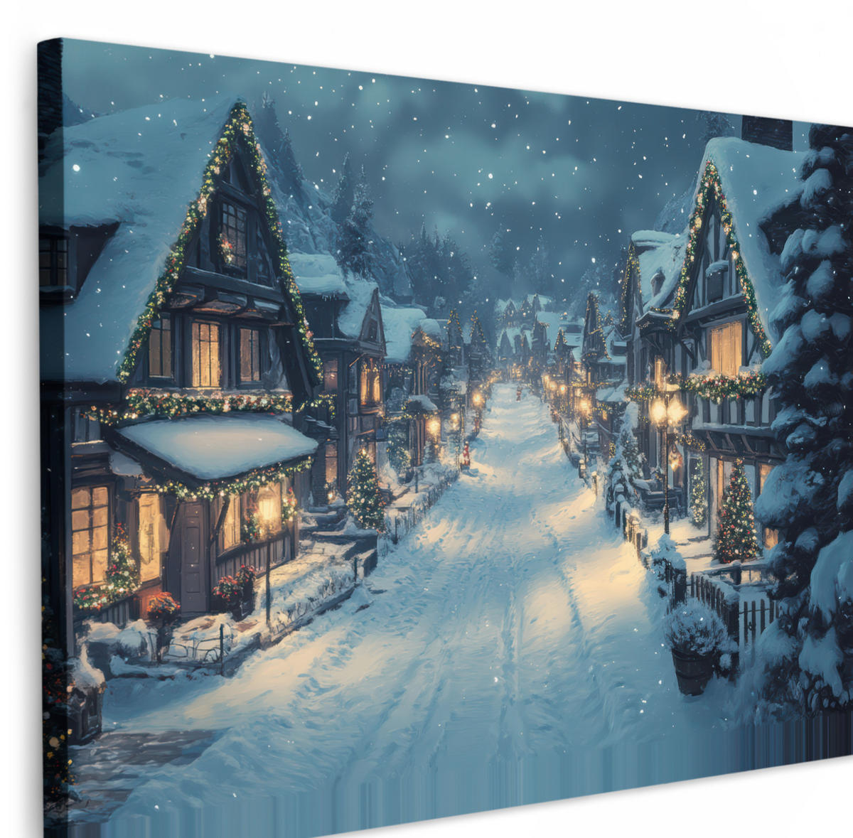 LEINWANDBILD Weihnachtsdorf - Weihnachten - Schnee - Winter XXL 150x100 cm - Dunkelblau, Textil (150/100cm) - MuchoWow