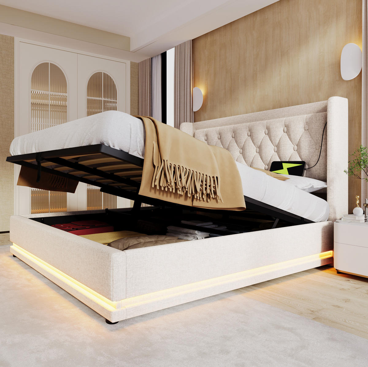 POLSTERBETT mit Stauraum, USB & LED 140x200 cm Beige Baumwolle mit Matratze - Beige, Metall (140/200cm) - Meubliv