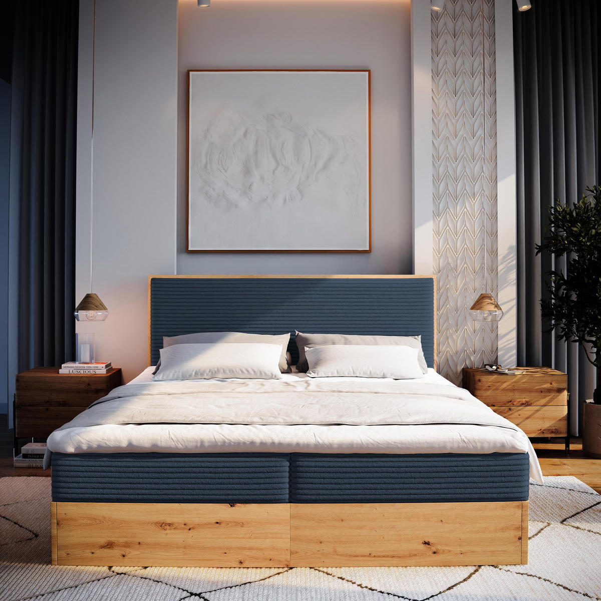 BOXBETT VERDON 140x200 cm mit Matratze und Topper - Blau - Blau, Holz (140/200cm) - MASSENO