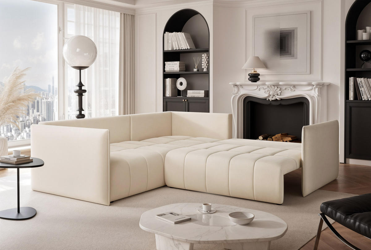 ECKSOFA OLIMPIA mit Schlaffunktion und Bettkasten Creme - Creme, Holzwerkstoff/Kunststoff (235/230cm) - Idohome