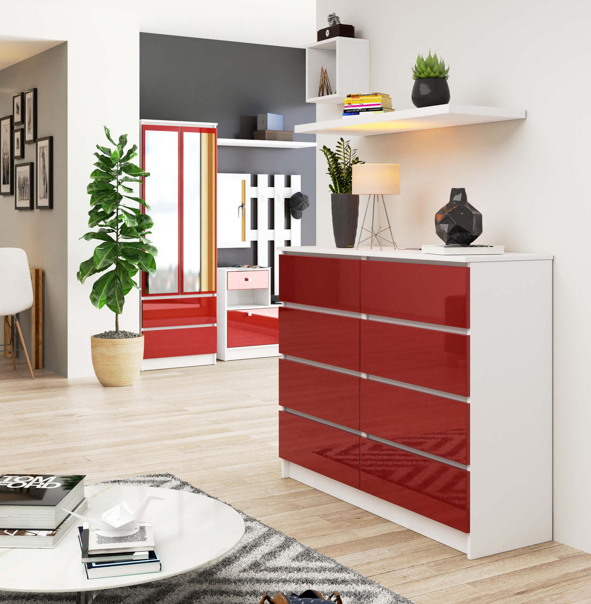 KOMMODE Weiß, Rot Glanz 99/120/40 - Weiß, Holzwerkstoff (120/99/40cm) - RAUMHIRSCH FURNITURE