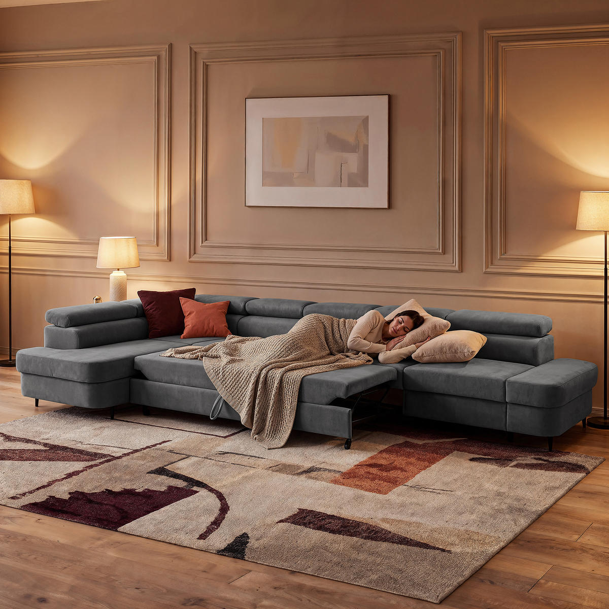 ECKSOFA PRIAM XXL L-Form Links mit Schlaffunktion 125x265 Velours Grau - Schwarz/Grau, Holz/Textil (203/420cm) - Muffo