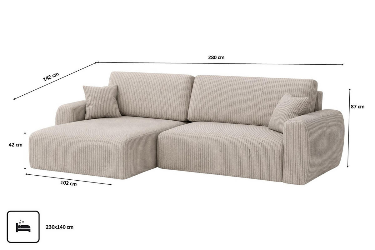 ECKSOFA Mit Schlaffunktion, Ariel XL, Cordstoff, Stoff Poso, Dunkelbeige, Links - Beige, Holz (280/142cm) - Kaiser Möbel
