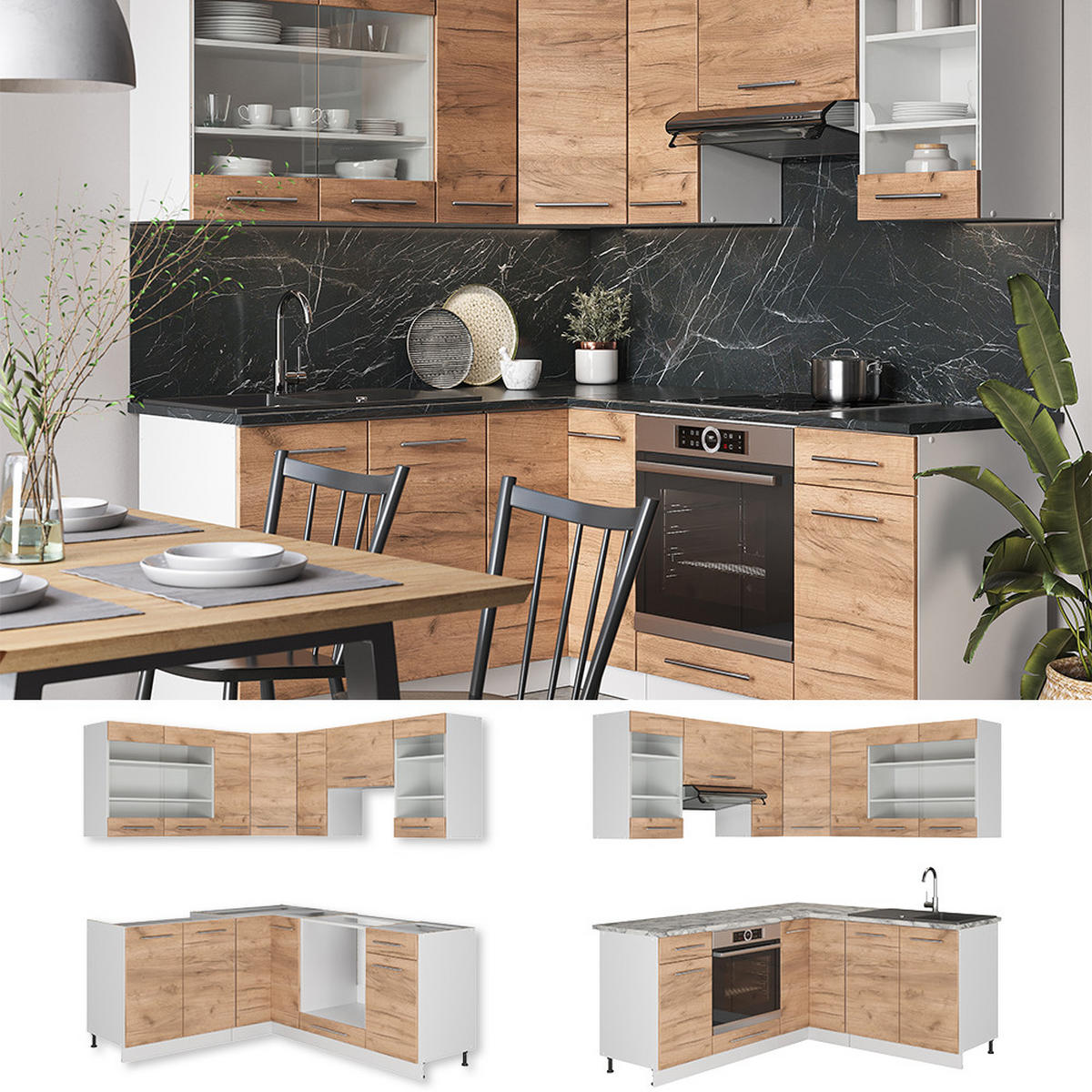 ECKKÜCHE Fame-Line Goldkraft Eiche/Weiß 160 x 190 cm, AP Marmor - Eiche Wotan/Weiß, Holzwerkstoff (190/81.6/60cm) - Vicco