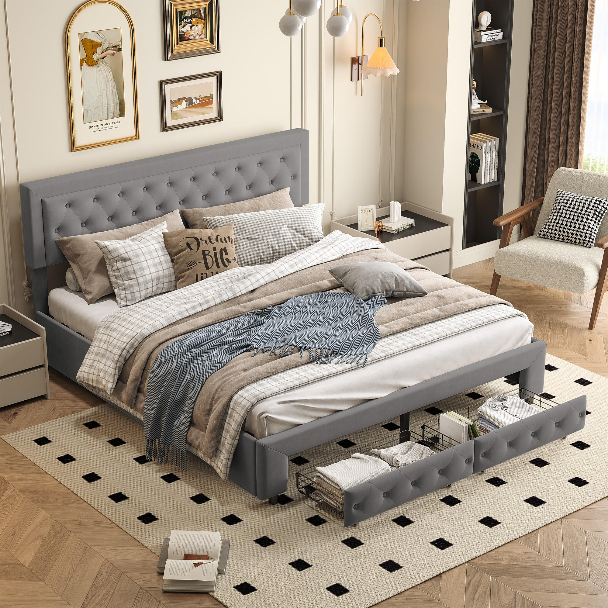 POLSTERBETT 160x200 cm, Grau, Lattenrost und Schubladen - Grau, Textil/Metall (160/200cm)