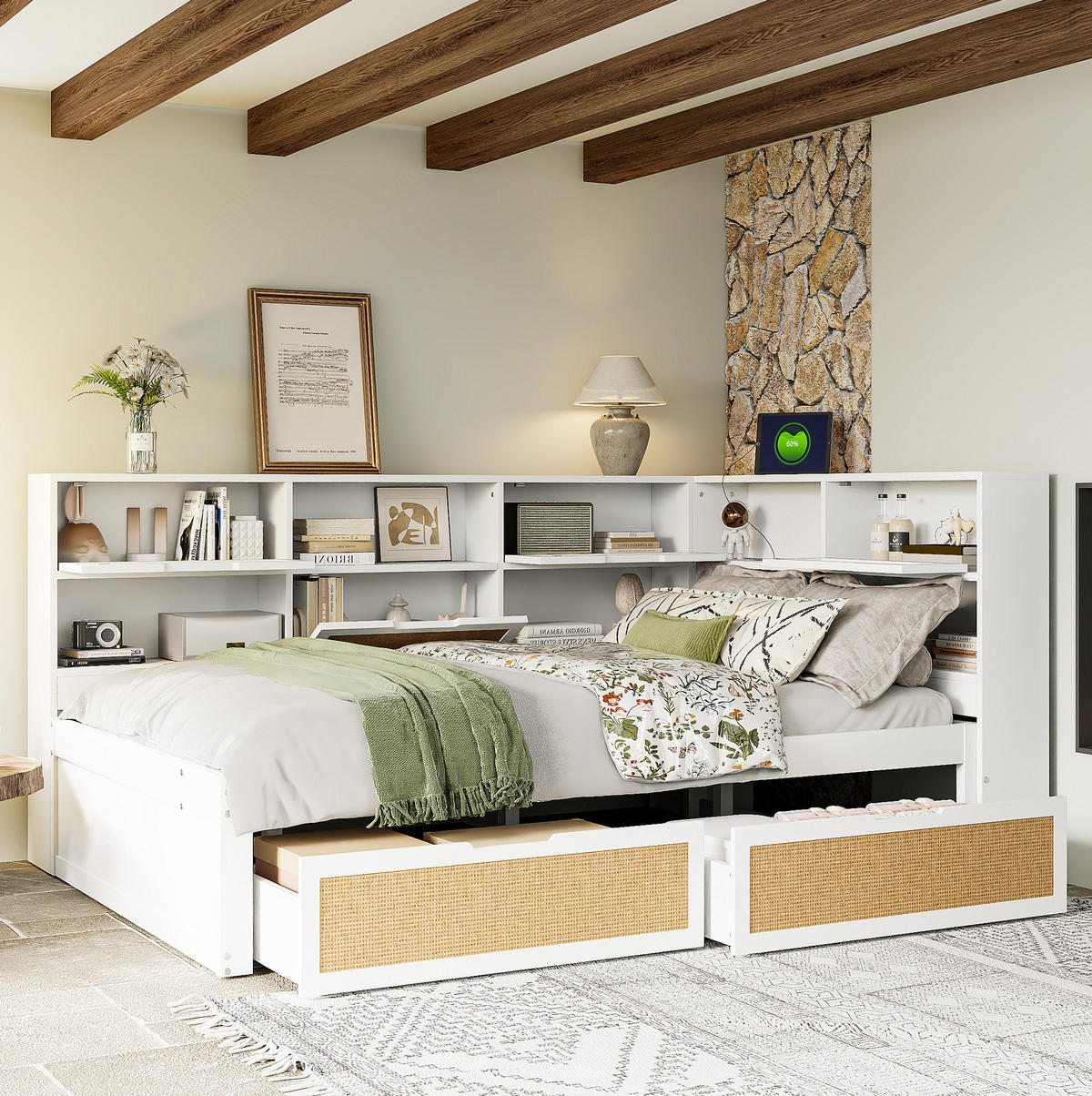 POHOVKA na spaní 140/200 cm bílá z MDF s úložným prostorem a USB nabíjením - bílá, kompozitní dřevo (140/200cm) - OKWISH