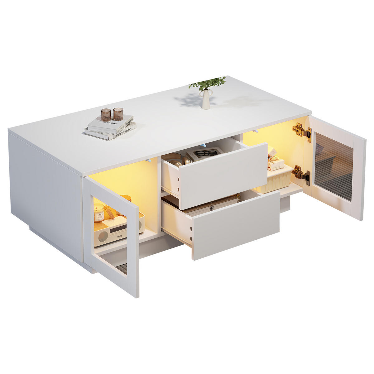 COUCHTISCH Hochglanz mit App-LED Weiß 100/50/40 cm - Weiß, Holzwerkstoff (100/50/40cm)