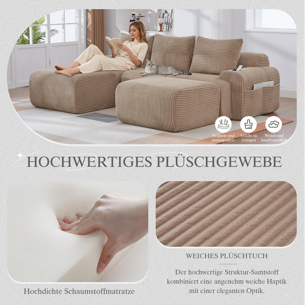 3-SITZER Wohnlandschaft Cord mit 2 Hockern Getränkehalter und Seitentasche 268/174/80 cm Sandfarben - Sandfarben, Textil (174/80/268cm) - Redom