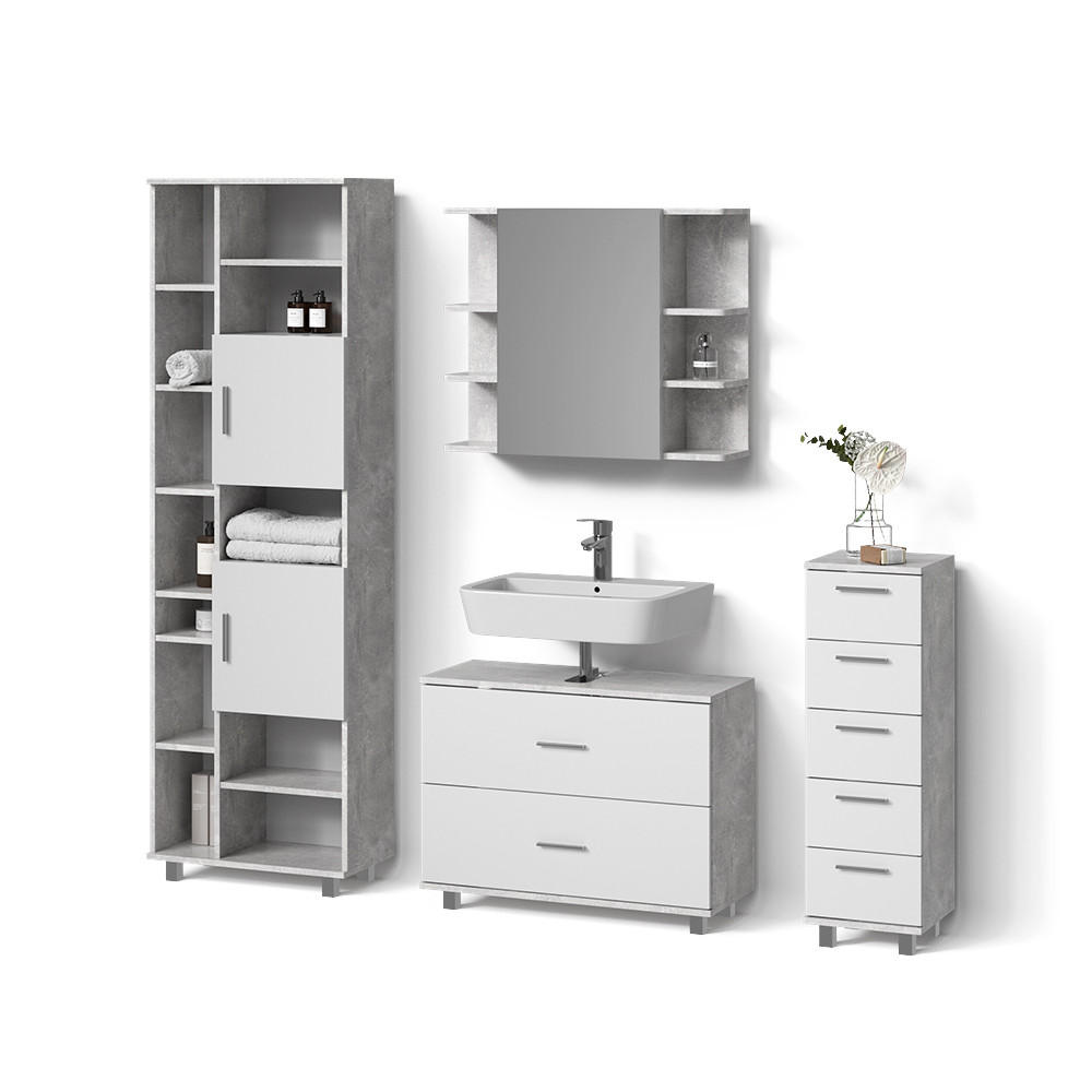 BADMÖBEL-SET Eisak Beton/Weiß 4 Teile, mit Hochschrank - Weiß/Grau, Holzwerkstoff (80/60/33cm) - Livinity®