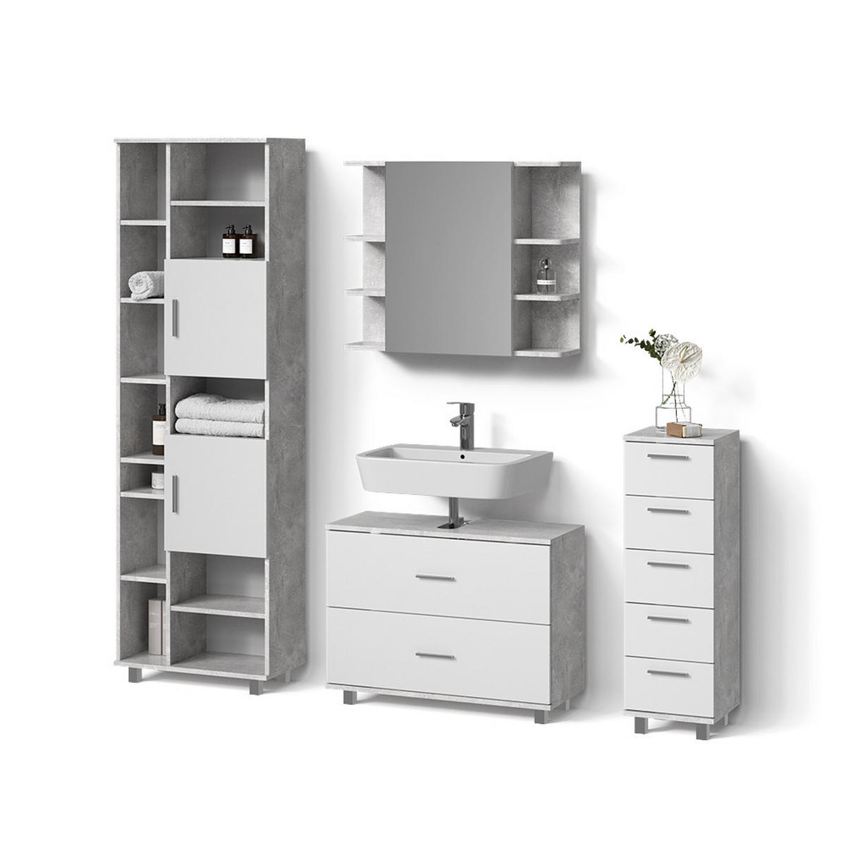 BADMÖBEL-SET Eisak Beton/Weiß 4 Teile, mit Hochschrank - Weiß/Grau, Holzwerkstoff (80/60/33cm) - Livinity®
