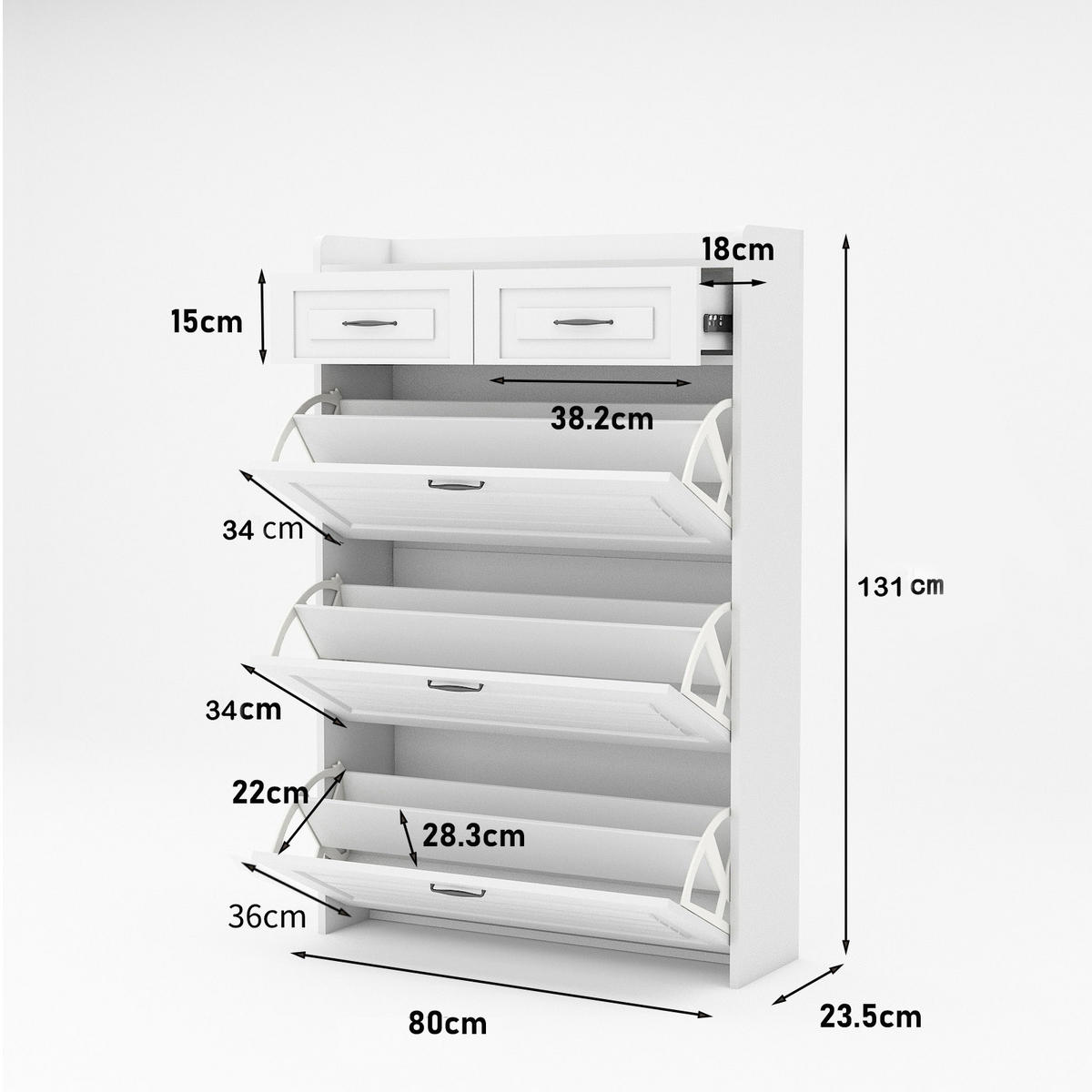 SCHUHSCHRANK 3 Klappen 2 Schubladen Holz 80x23.5x131cm - Weiß, Holzwerkstoff (23.5/131/80cm) - FLIEKS