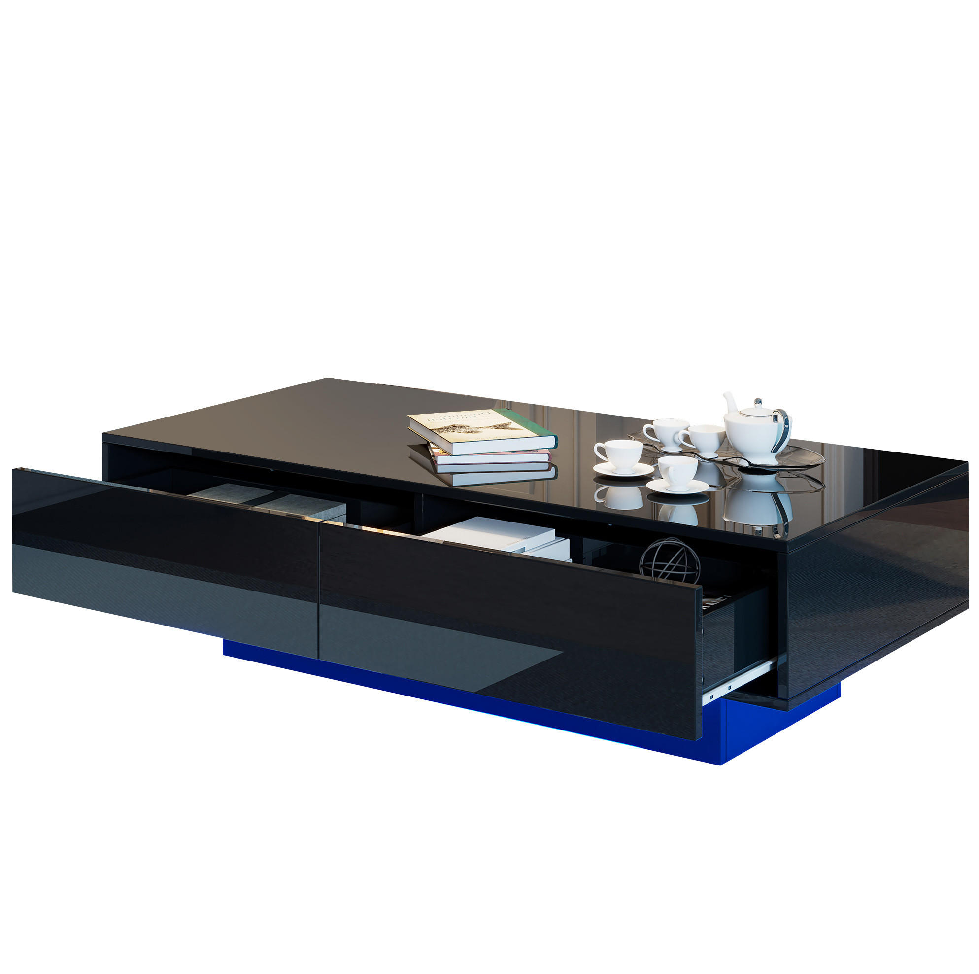 COUCHTISCH aus Spanplatte 115x55x34 cm Schwarz mit 2 Schubladen und LED-Beleuchtung - Schwarz, Holzwerkstoff (115/55/34cm) - IVMEU