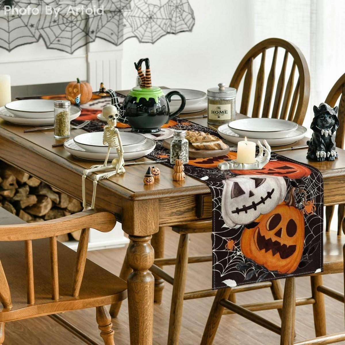 TISCHLÄUFER Halloween Kürbisse Spinnennetz 40 x 240 cm - Multicolor, Textil (240/40/1.5cm)