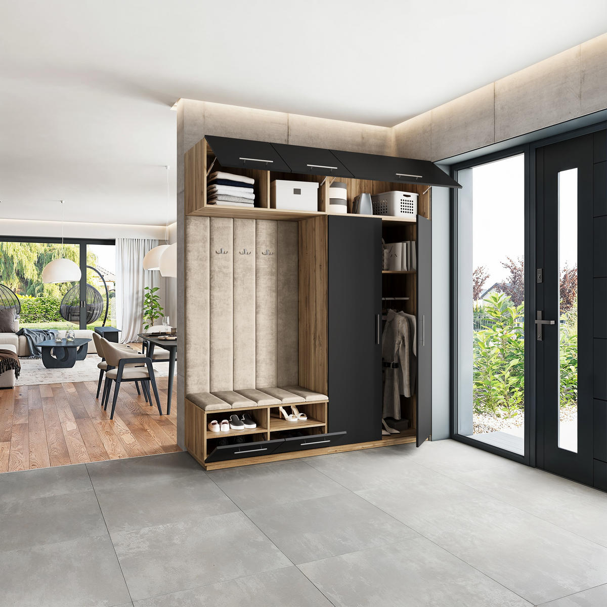 GARDEROBENSCHRANK REMA 200/240/60 cm Modern Eiche Wotan - Eiche Wotan/Schwarz, Holzwerkstoff (200/240/60cm) - MASSENO