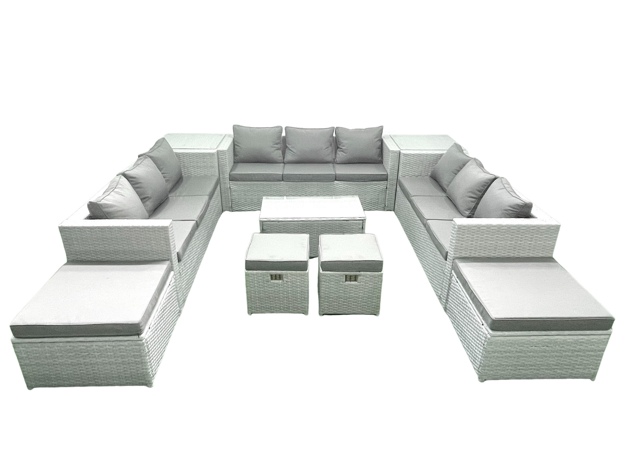 GARTENSET mit 3-SITZER SOFA,COUCHTISCH Polyrattan Hellgrau-Mix 13-Sitzer - Hellgrau/Grau, Glas/Kunststoff - Fimous
