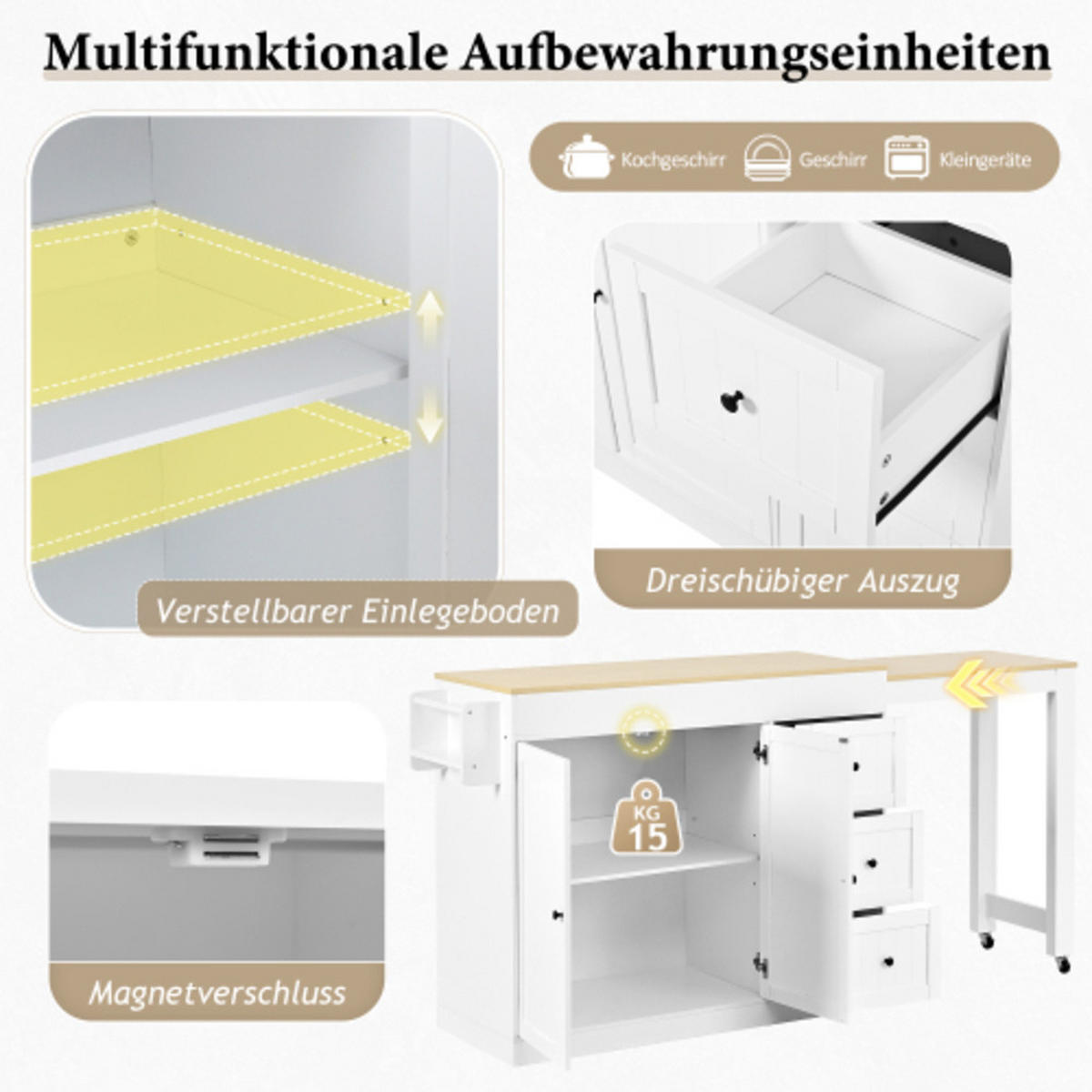 KÜCHENINSEL mit arretierbaren Lenkrollen weiß 112-186,8×45×93 cm aus MDF - Weiß, Holzwerkstoff (186.8/93/45cm) - Luhomfu