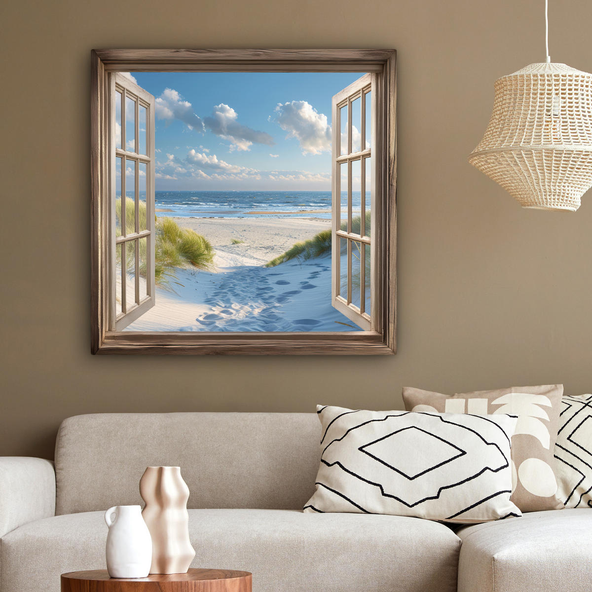 LEINWANDBILD Aussicht - Strand - Fenster - Dünen - Meer 90x90 cm - Hellblau, Textil (90/90cm) - MuchoWow