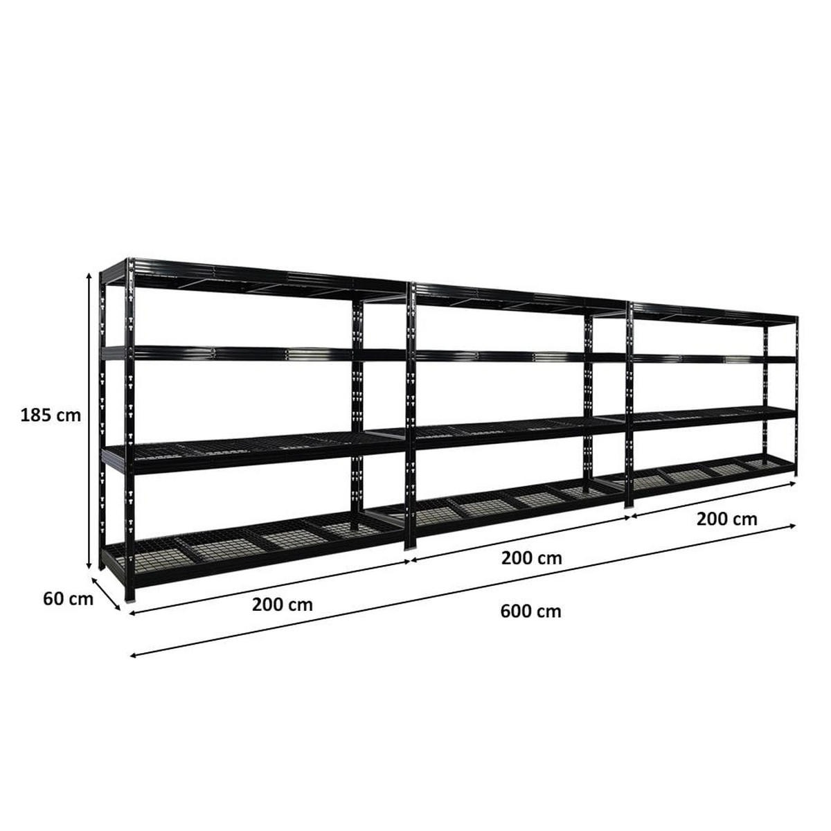 SCHWERLASTREGAL Rhino 3er-Set 180x200x60 cm 4 Gitterrost-Ebenen Fachlast 500 kg Schwarz - Schwarz, Metall (200/180/60cm) - PROREGAL