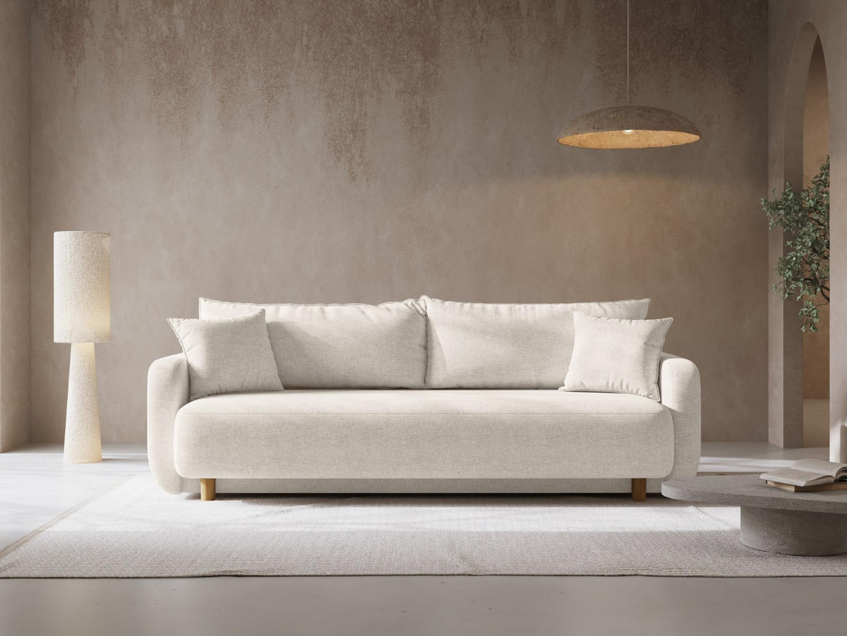 SOFA ausklappbar mit Bettkasten Elen aus strukturiertem Stoff elfenbein 3 Sitzplätze - Creme, Textil (231/86/106cm) - Micadoni