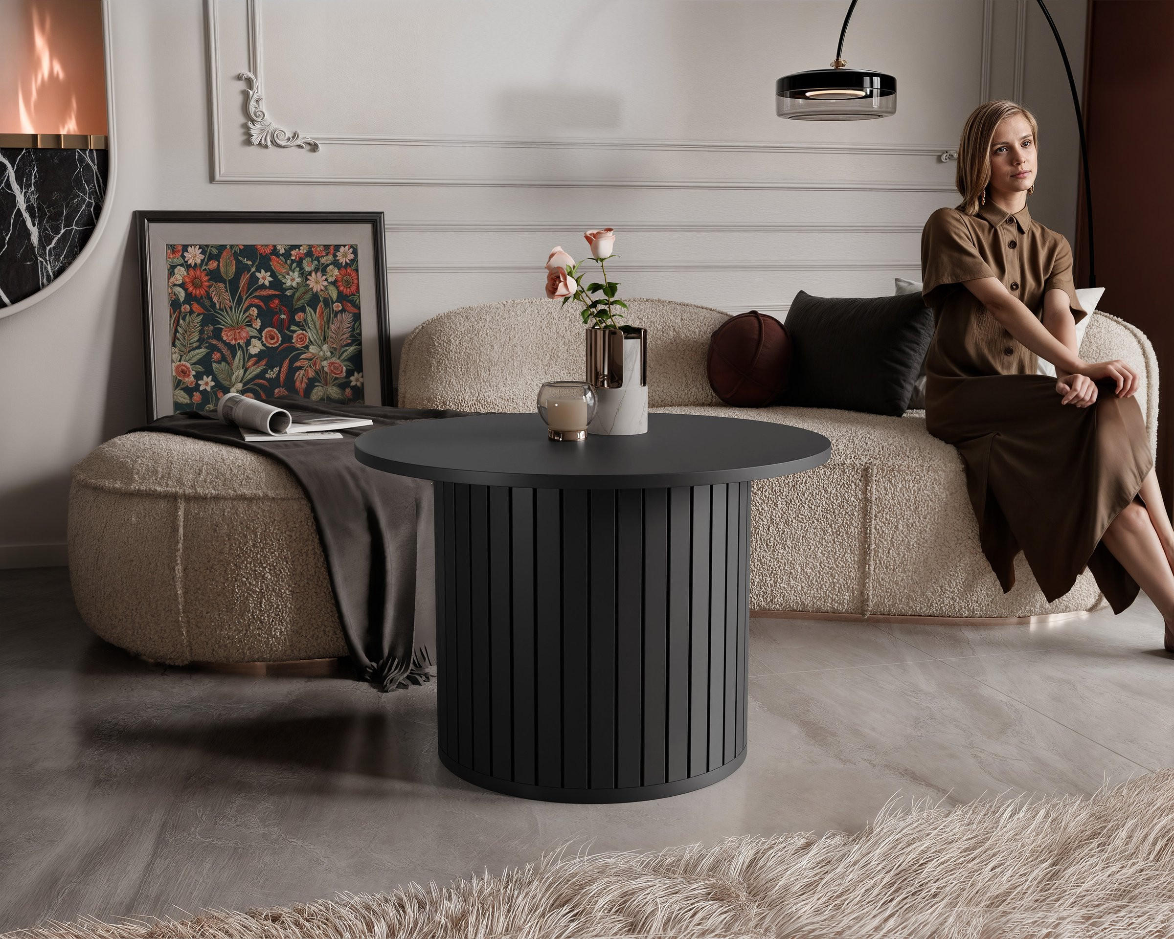 COUCHTISCH geriffelt, rund, Schwarz - Schwarz, Holzwerkstoff (70/70/46cm) - Idohome