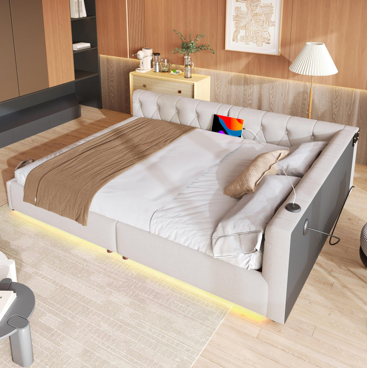 POLSTERBETT 140/200 cm Beige aus Leinen mit LED-Beleuchtung und USB-Anschluss - Beige, Textil (140/200cm) - OKMYHOME