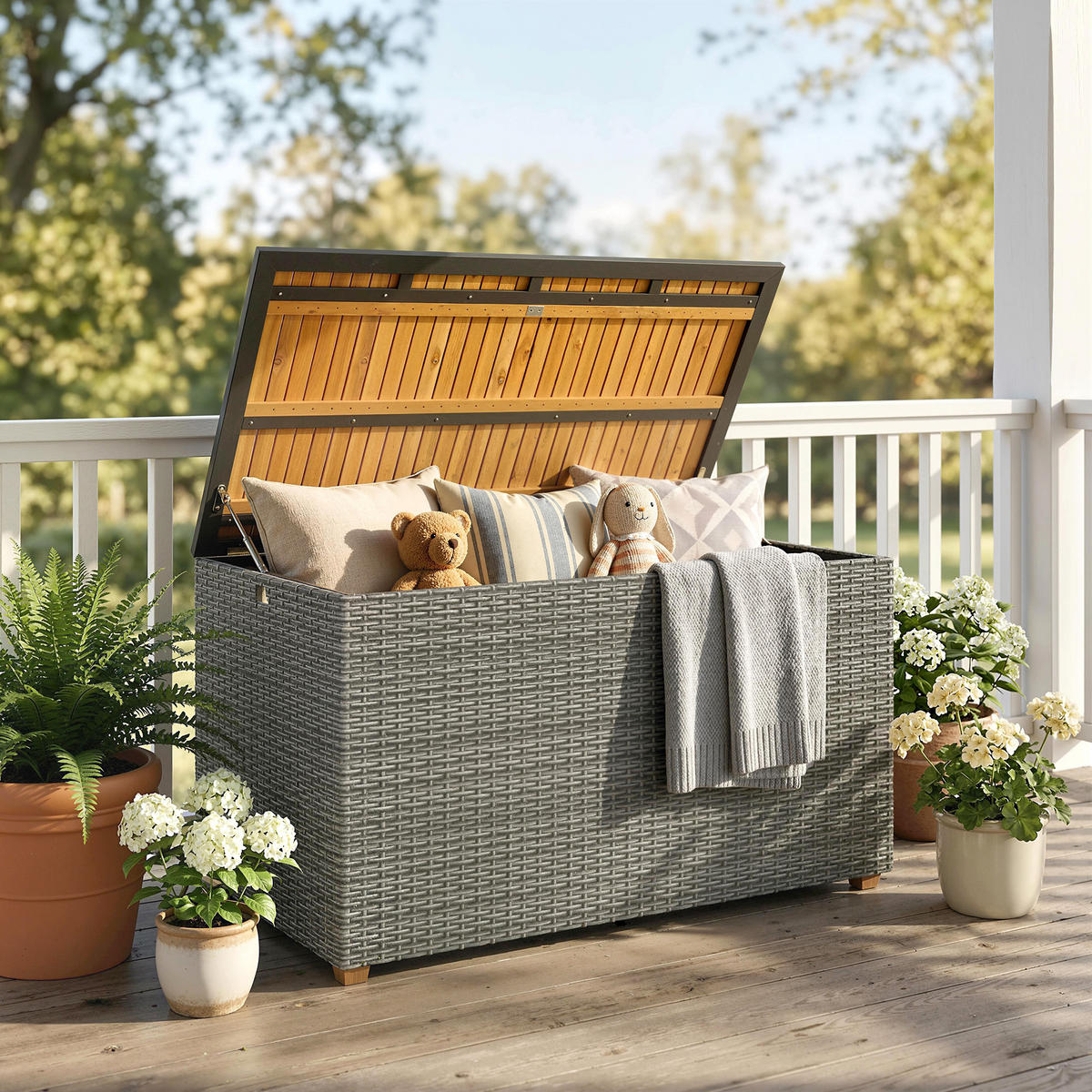 AUFBEWAHRUNGSBOX aus Akazienholz & PE-Rattan, Dunkelgrau - Dunkelgrau, Holz (68/67.5/120cm) - Outsunny