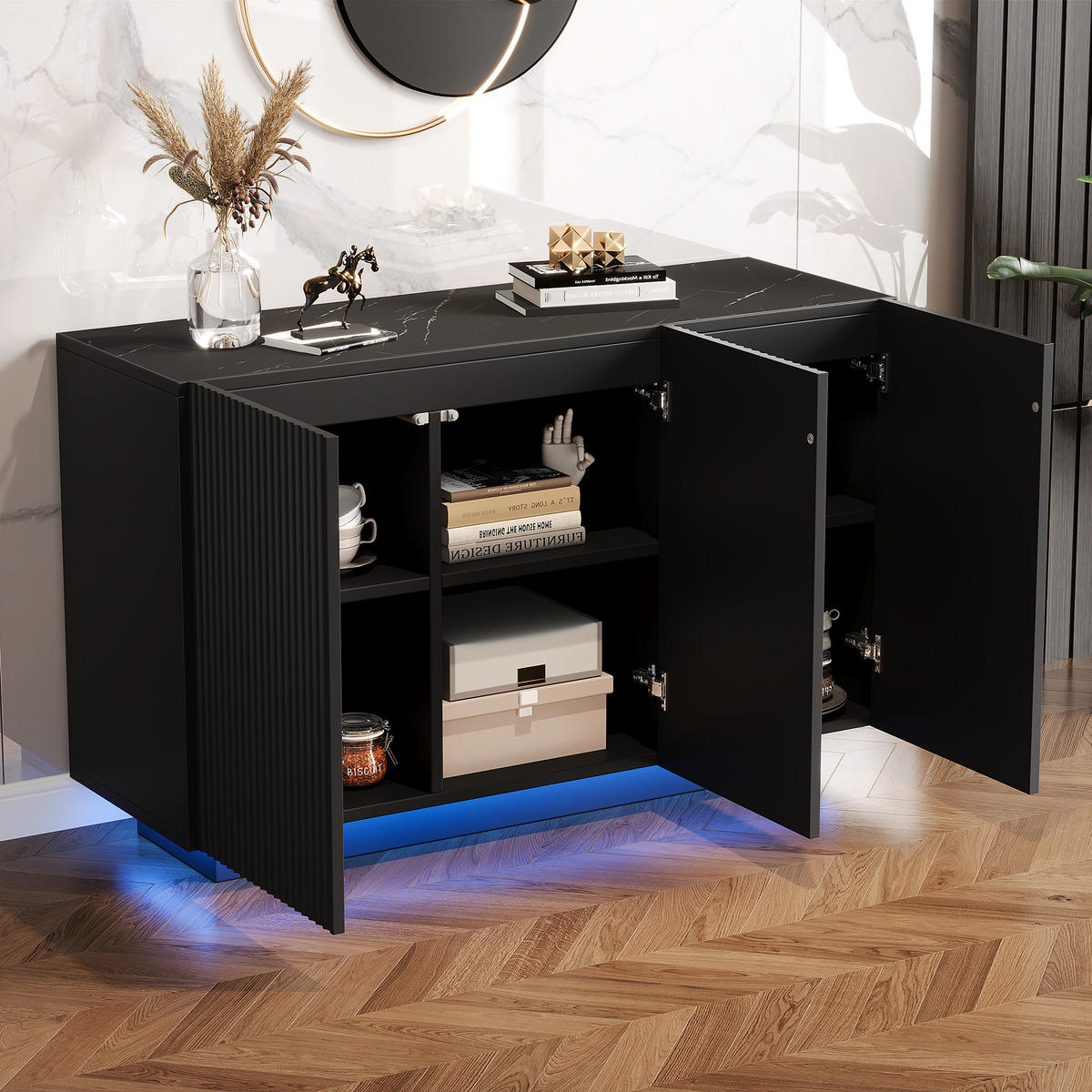 SIDEBOARD DE-37737 mit LED-Beleuchtung und Marmor-Optik Schwarz - Schwarz, Holzwerkstoff (120/75/40cm) - ComfortXL