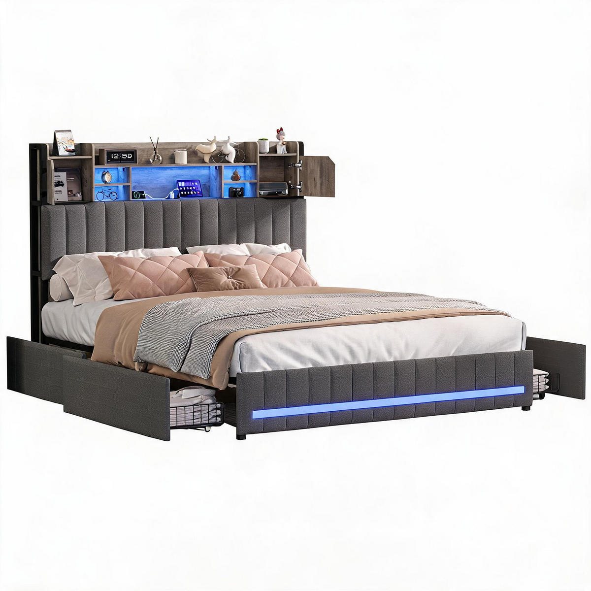 POLSTERBETT 160x200 cm mit LED und USB, Doppelbett mit Lattenrost und Kopfteil, 4 Schubladen, Bett 160x200, Leinenstoff, Grau - Grau, Holzwerkstoff/Textil (160/200cm) - GENKI LIVING