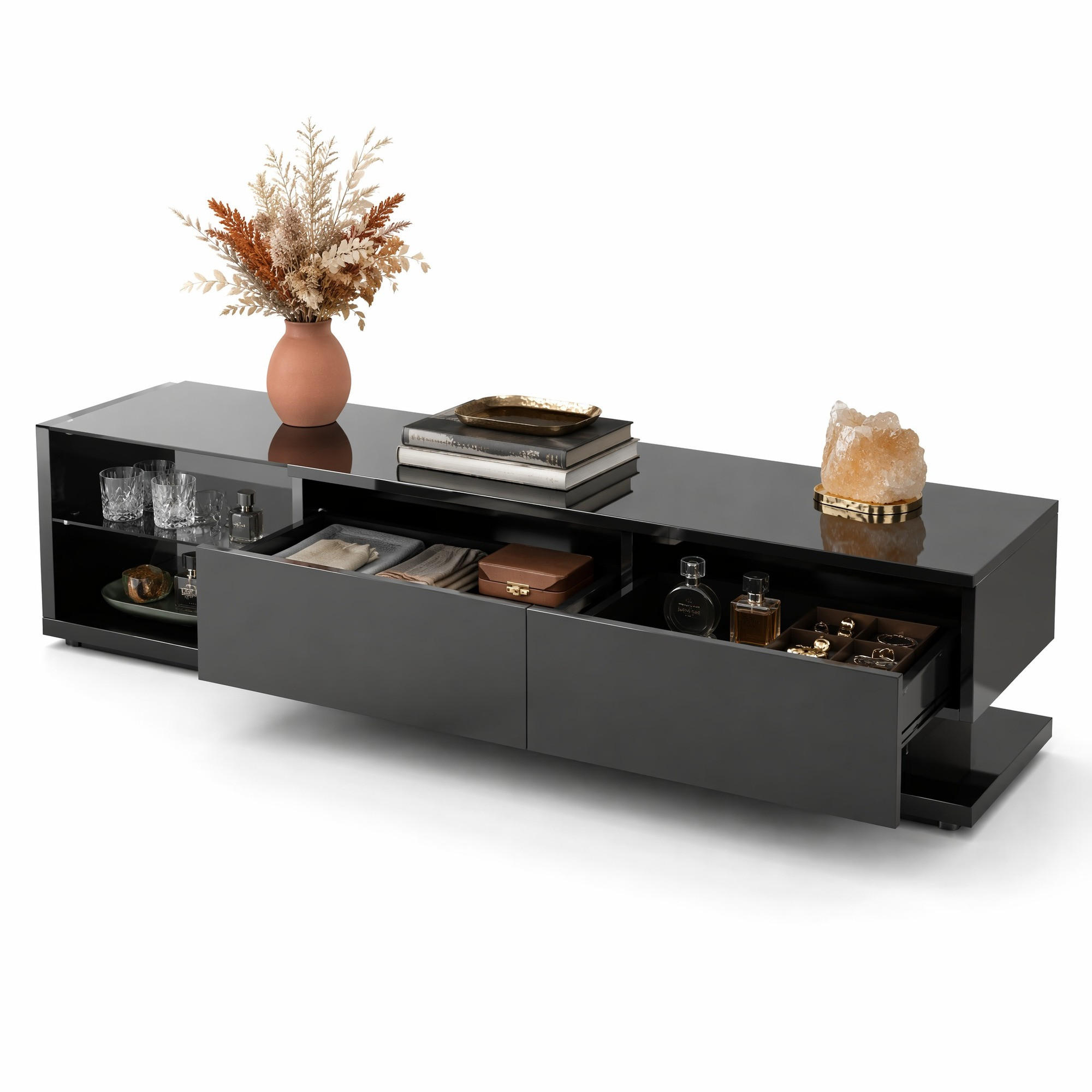 TV-LOWBOARD aus Spanplatte 170x36x38 cm Schwarz mit Hochglanzoberfläche, LED-Beleuchtung und 2 Schubladen - Schwarz, Holzwerkstoff (170/38/36cm) - IVMEU