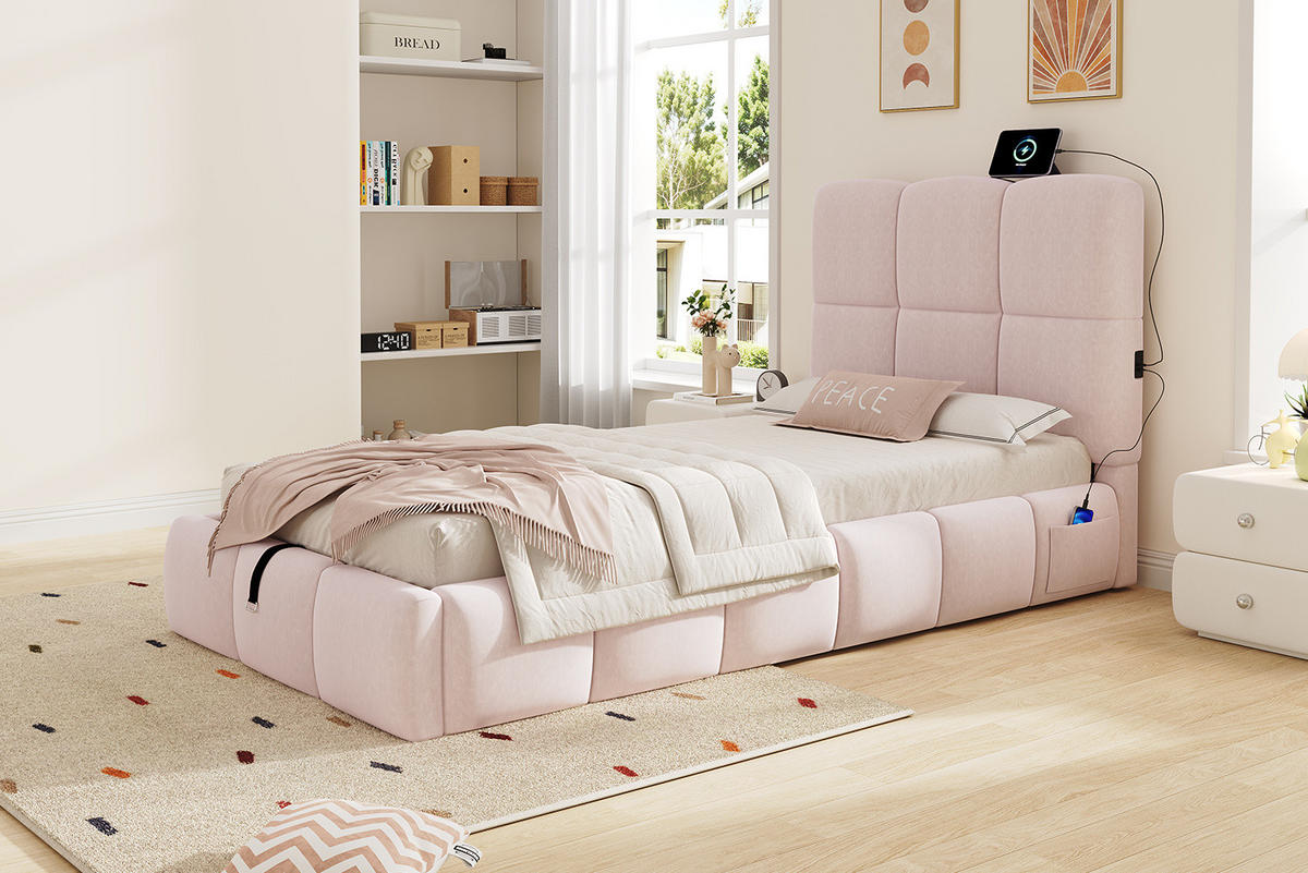 POLSTERBETT 90/200 cm mit Lattenrost, hydraulischem Stauraum und USB-C-Anschluss, Rosa - Pink, Textil (90/200cm) - Redom