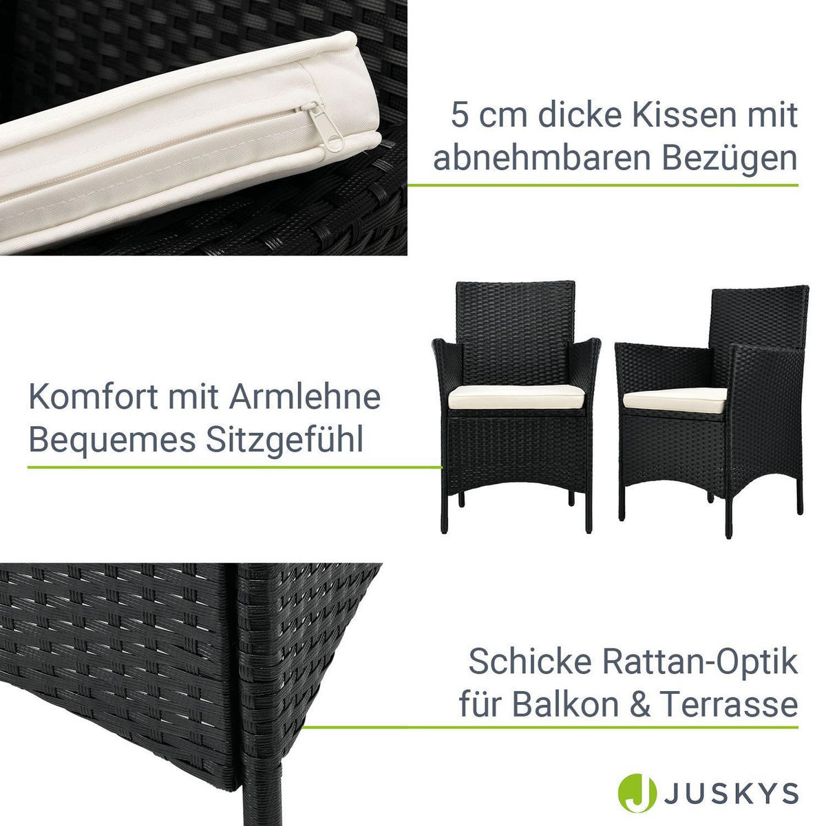 BALKON-SET Bayamo Polyrattan schwarz/beige (3-tlg.) - Schwarz, Kunststoff - Juskys
