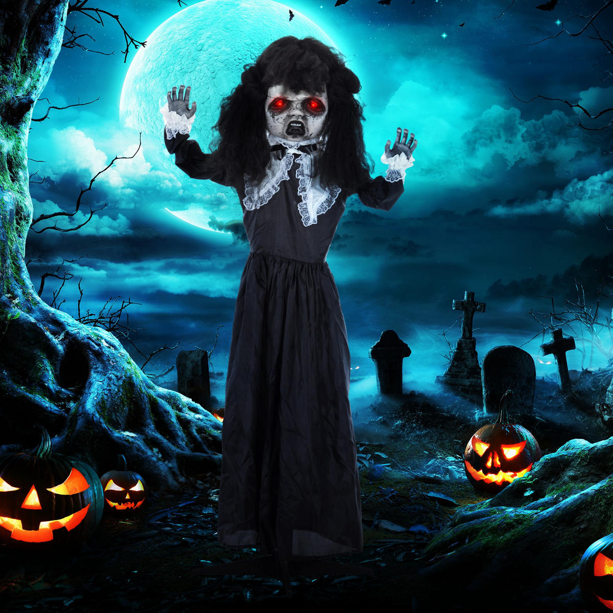 HALLOWEEN DECORATIONS 160cm Dekoration Geisterpuppe, Soundfunktion - Schwarz, Kunststoff/Metall (65/160/15cm) - HOMCOM