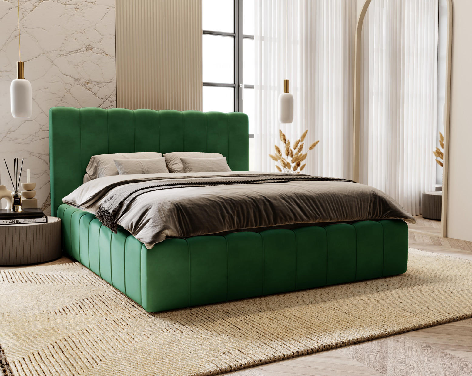 DOPPELBETT mit Bettkasten 200x200 Porto, Lattenrost, Grün - Grün, Holz/Textil (200/200cm) - Emporius