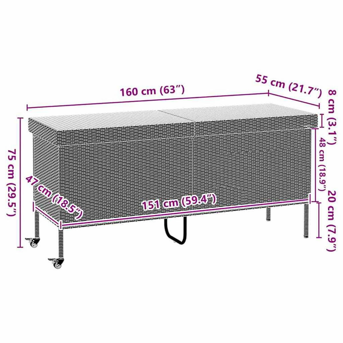 GARTENTRUHE Mit Rollen Schwarz 160/55/75 Cm Poly Rattan - Schwarz, Kunststoff (160/75/55cm) - vidaXL