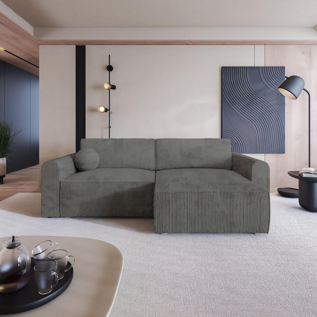 ECKSOFA FIANO P Grau Kordstoff mit Schlaffunktion - Grau, Holz/Kunststoff (245/148cm) - MASSENO