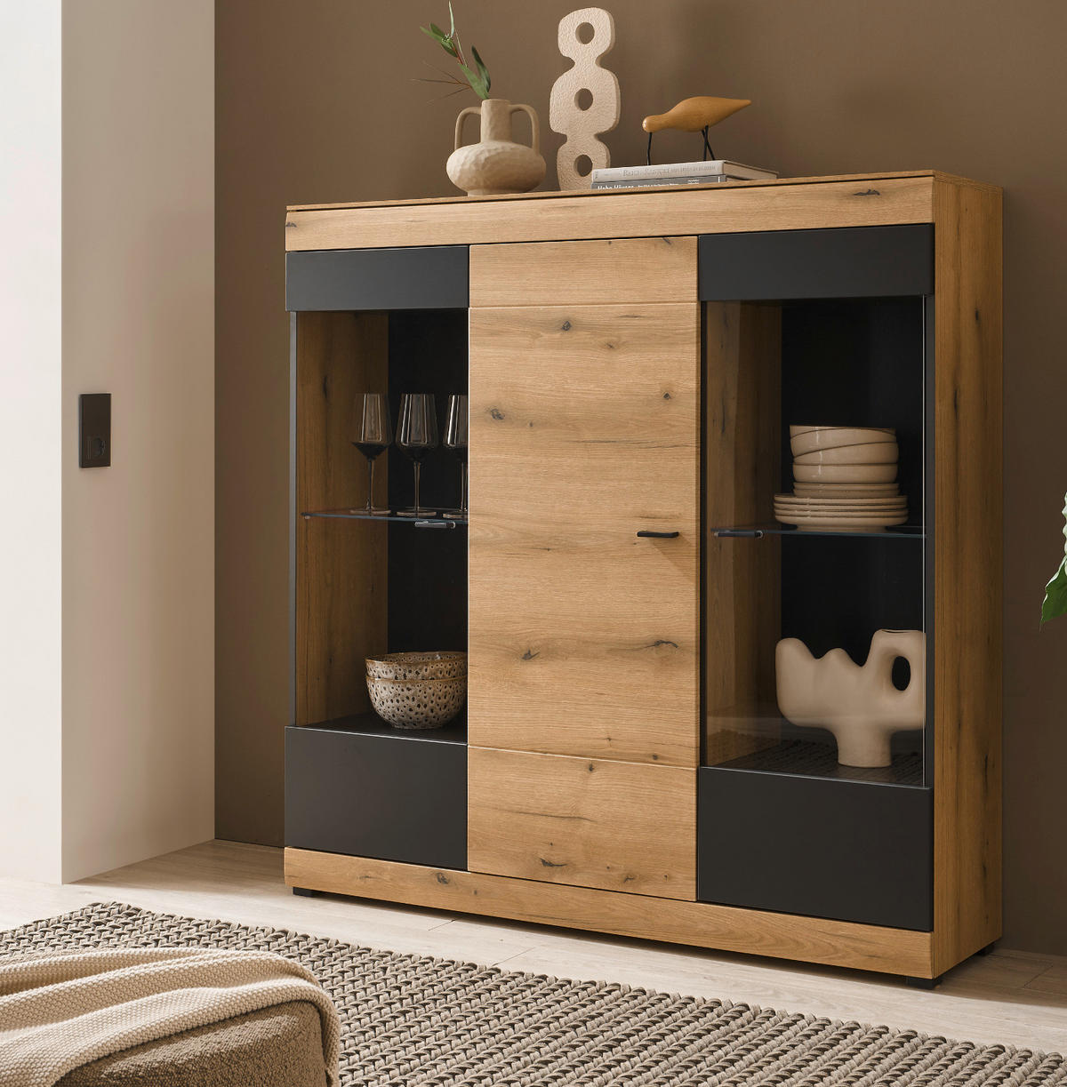 HIGHBOARD in Eiche, grau 140 x 141 cm, Vitrine mit Soft-Close - Kaschmir/Eichefarben, Glas/Holzwerkstoff (140/141/35cm) - Furn.Design