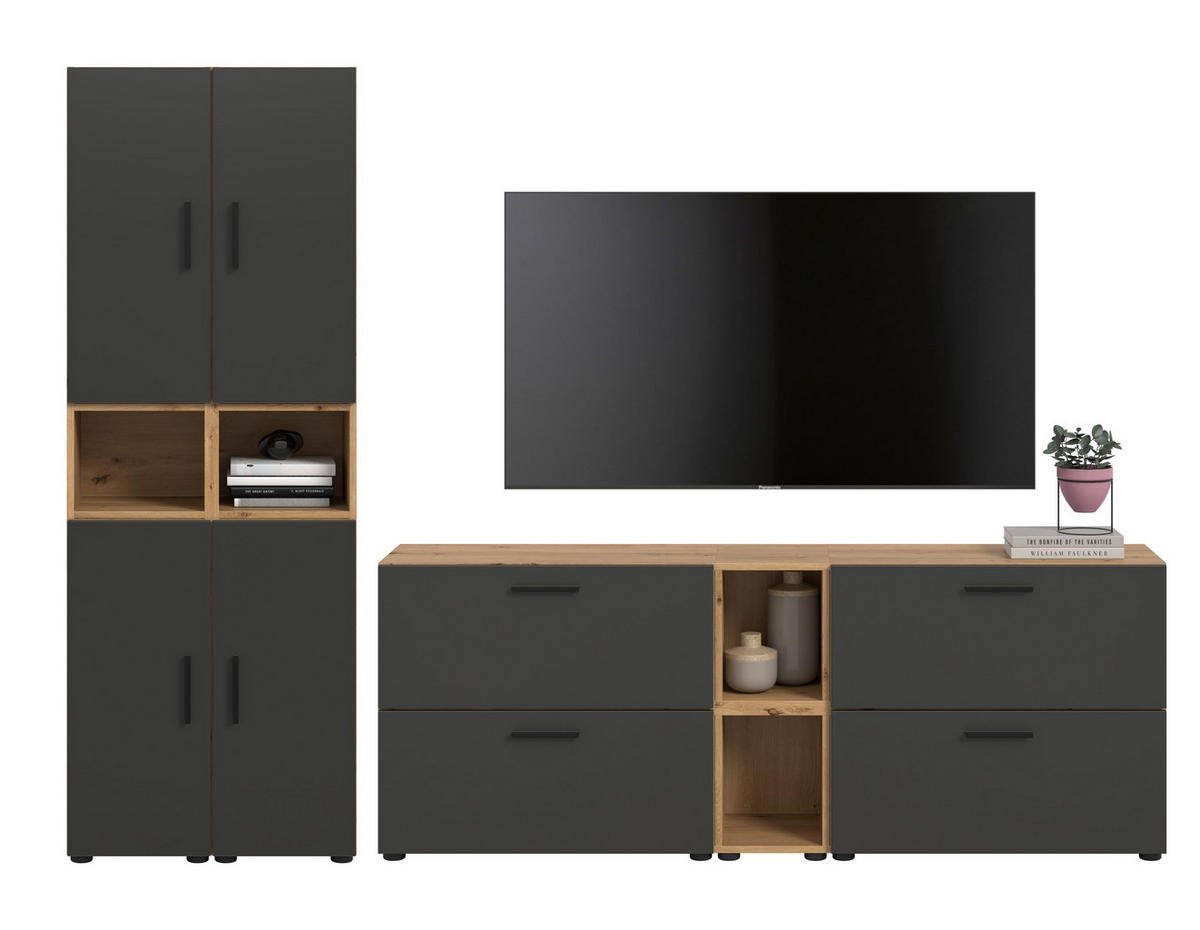 WOHNKOMBINATION THE ONE (B/H/T: ca. 259/182/34 cm) in Artisan Oak Nachbildung/Basalt grau - Eiche Artisan, Holzwerkstoff (259/182/34cm)