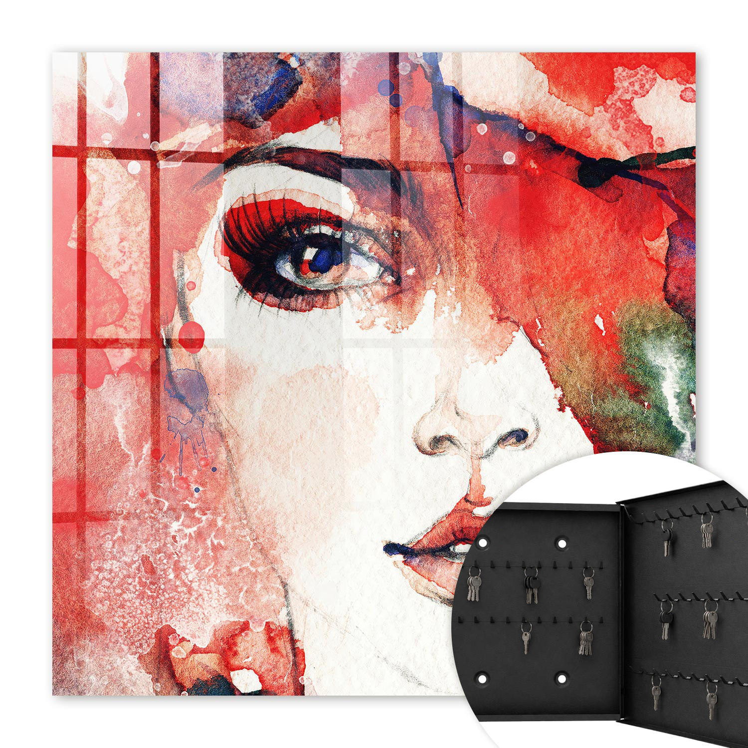 SCHLÜSSELBOX Schwarz 30x30 cm- Türöffnung nach rechts - Porträt einer Frau - Rot, Metall (30/30/5cm) - TULUP