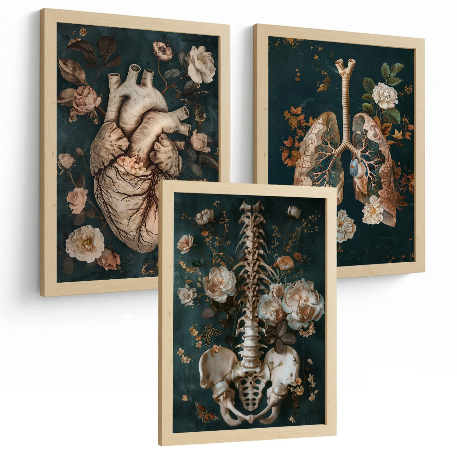 POSTER Set aus 3 Anatomie Mensch Drucke und Wandbilder mit Herz Atmungssystem und Skelett Botanischer Stil Wanddekoration Größe Rahmenlos A4 - Klar, Papier (21/29.7/3cm) - Nacnic