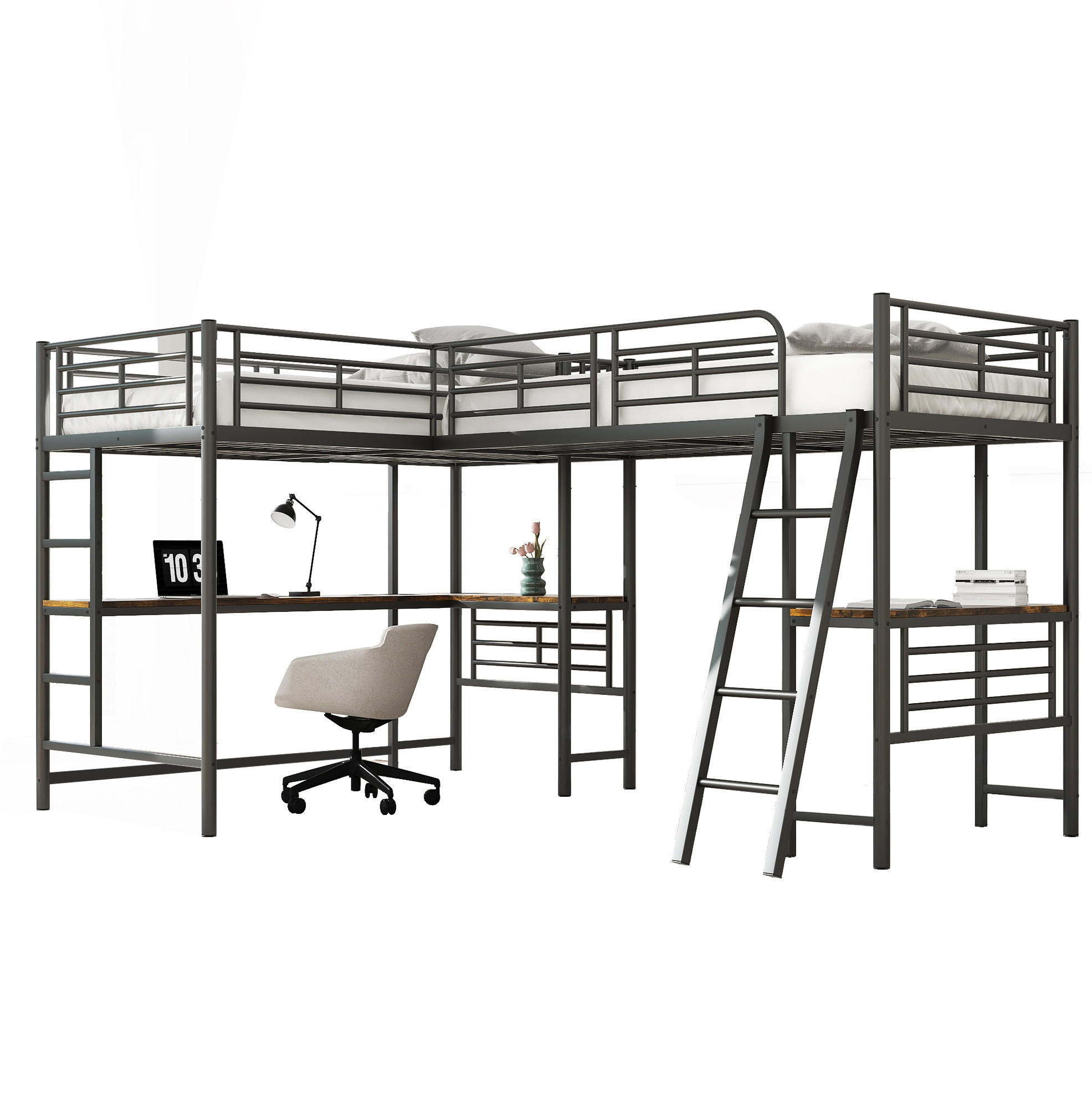 HOCHBETT 90/200 cm mit Schreibtisch, Doppeltreppe und hohem Geländer aus Metall und MDF, Schwarz - Schwarz, Metall (90/200cm) - Redom