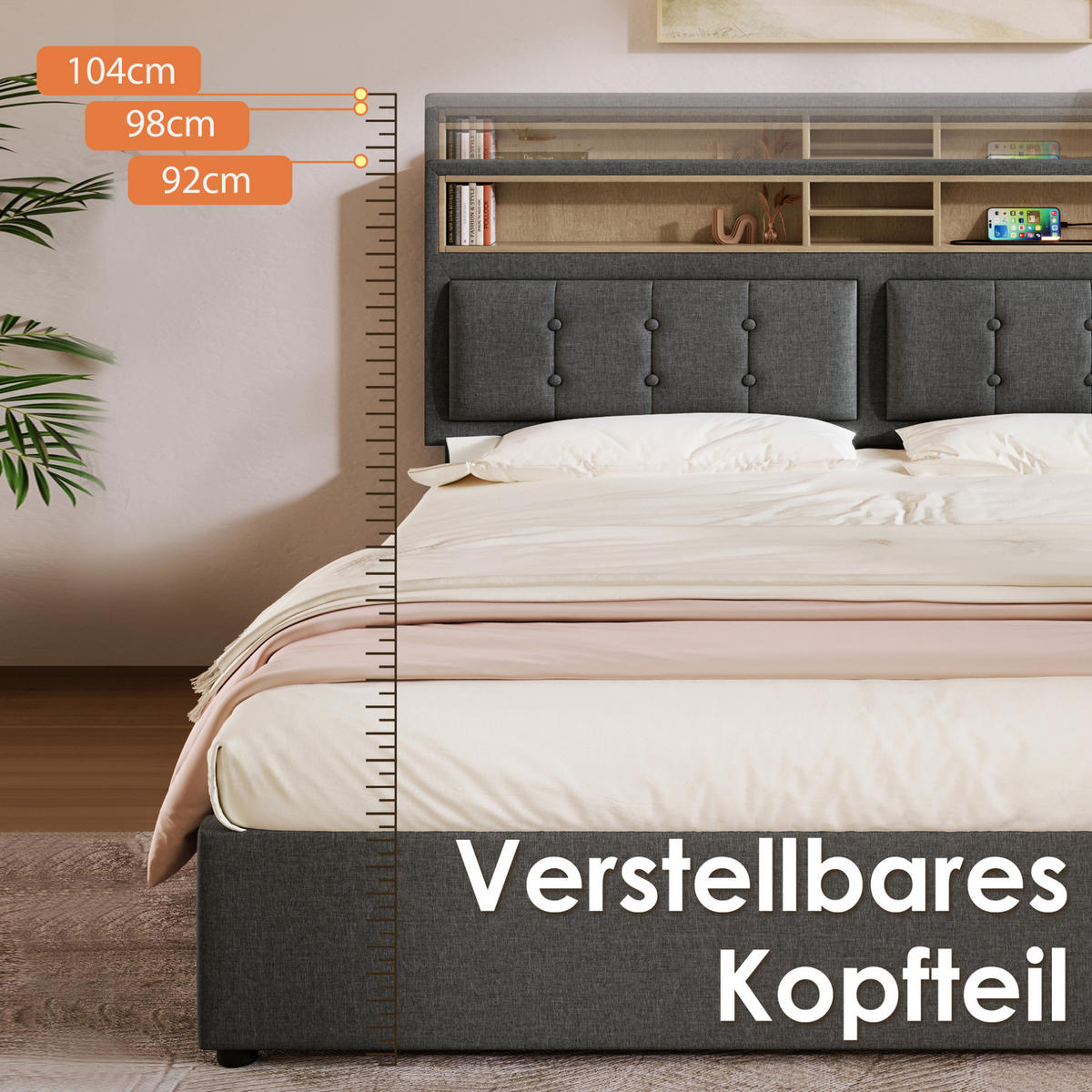 POLSTERBETT 140/200 cm mit USB-C, Steckdosen und 4 Schubladen in Grau - Grau, Textil (140/200cm) - BEAOK