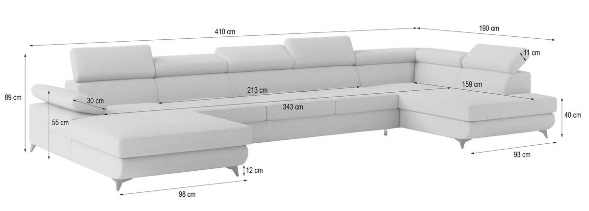 WOHNLANDSCHAFT MONTIVA Hellgrau Boucle-Stoff mit Schlaffunktion - Hellgrau, Holz (410/89/190cm) - MASSENO