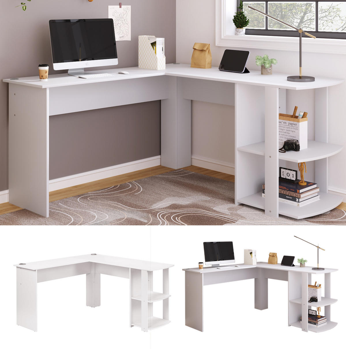 SCHREIBTISCH 140/140/75 cm in Weiß mit 2 Ablagen und Kabeldurchlass - Weiß, Holzwerkstoff (140/140/75cm) - BEAOK