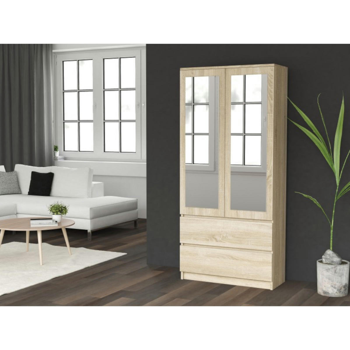 KLEIDERSCHRANK MIT 2 SPIEGELN Laminierte Spanplatte Weiß 180cm x 90cm - Sonoma Eiche, Holzwerkstoff (90/30/180cm) - Ibonto