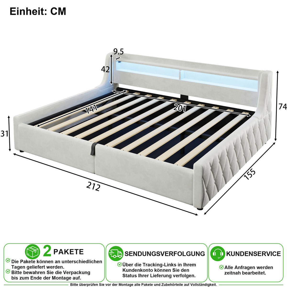 POLSTERBETT 140/200 cm in Off White mit Bettkasten und LED - Weiß, Holzwerkstoff/Textil (140/200cm) - CHICFURN