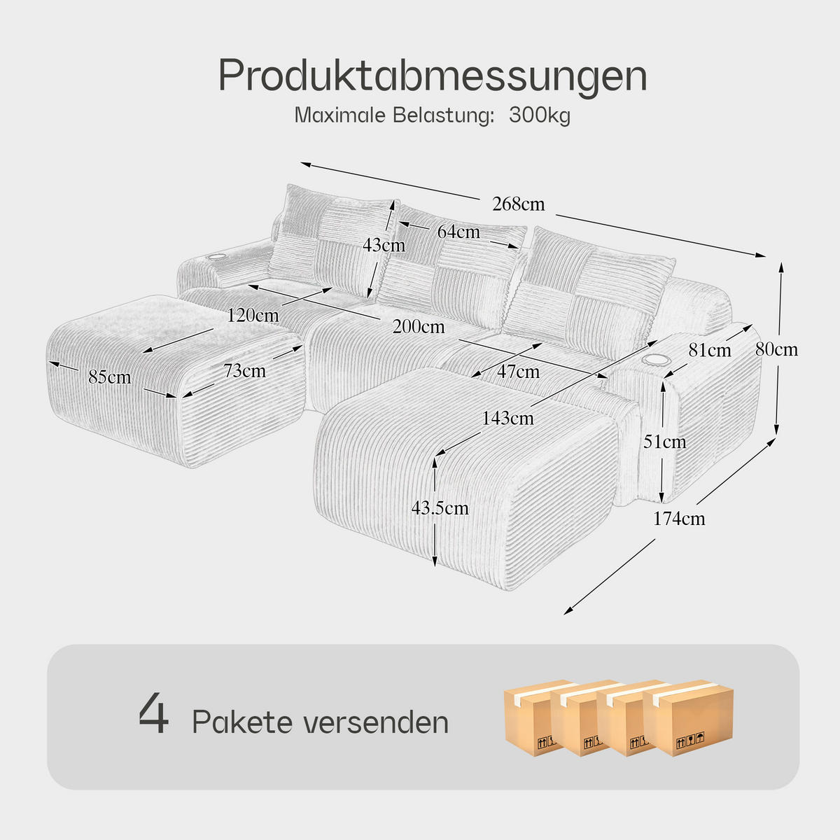 ECKSOFA mit Getränkehalter, Seitentasche und 2 Hockern sowie frei kombinierbaren Cordmodulen in Hellgrau - Hellgrau, Textil (268/174cm) - EVRYAE