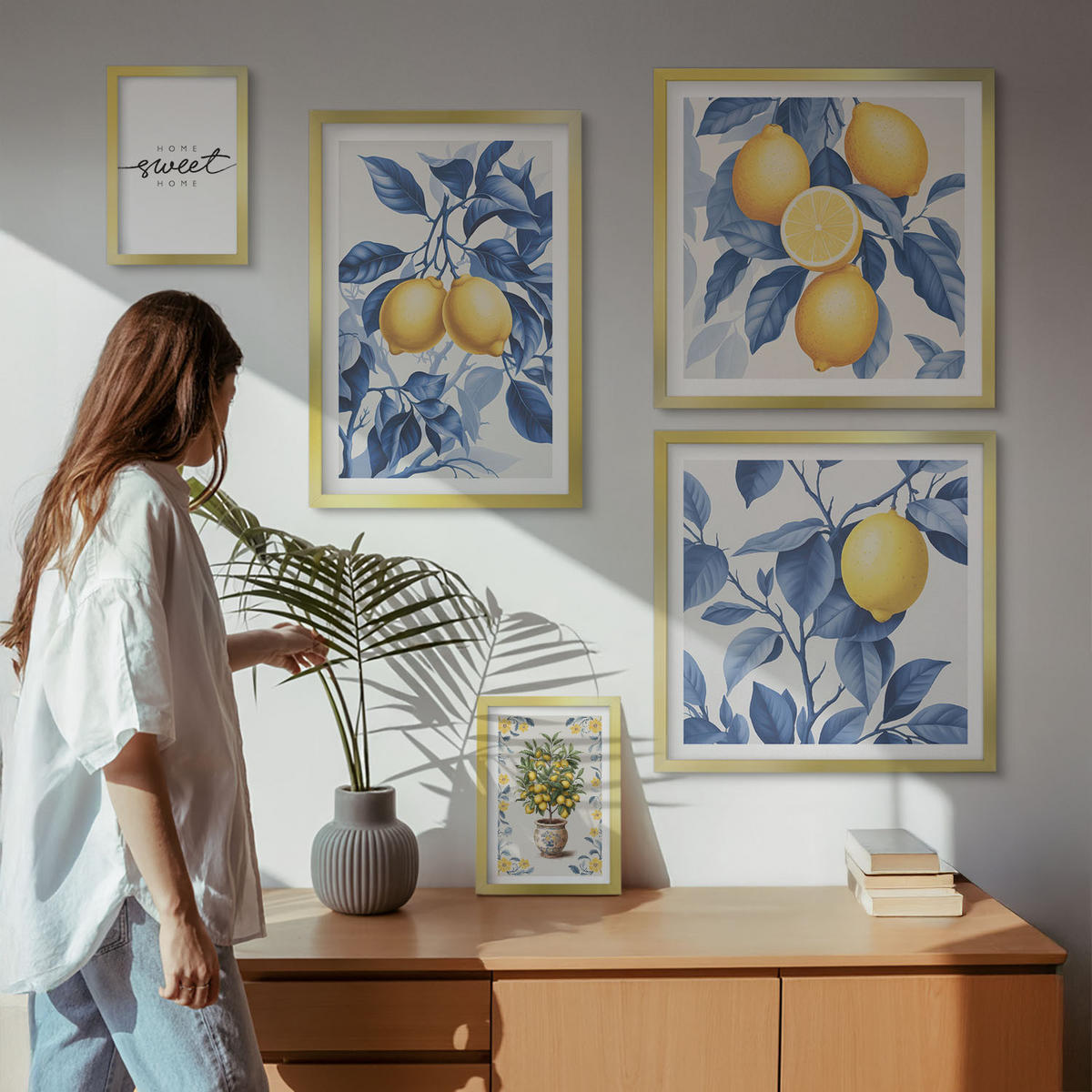 WANDBILDER 5er Set - 50x50 cm & 20x30 cm & 40x60 cm Goldrahmen - Zitronenzweige mit blauen Blättern - Goldfarben, Kunststoff (40/60cm) - ArtPrintCave