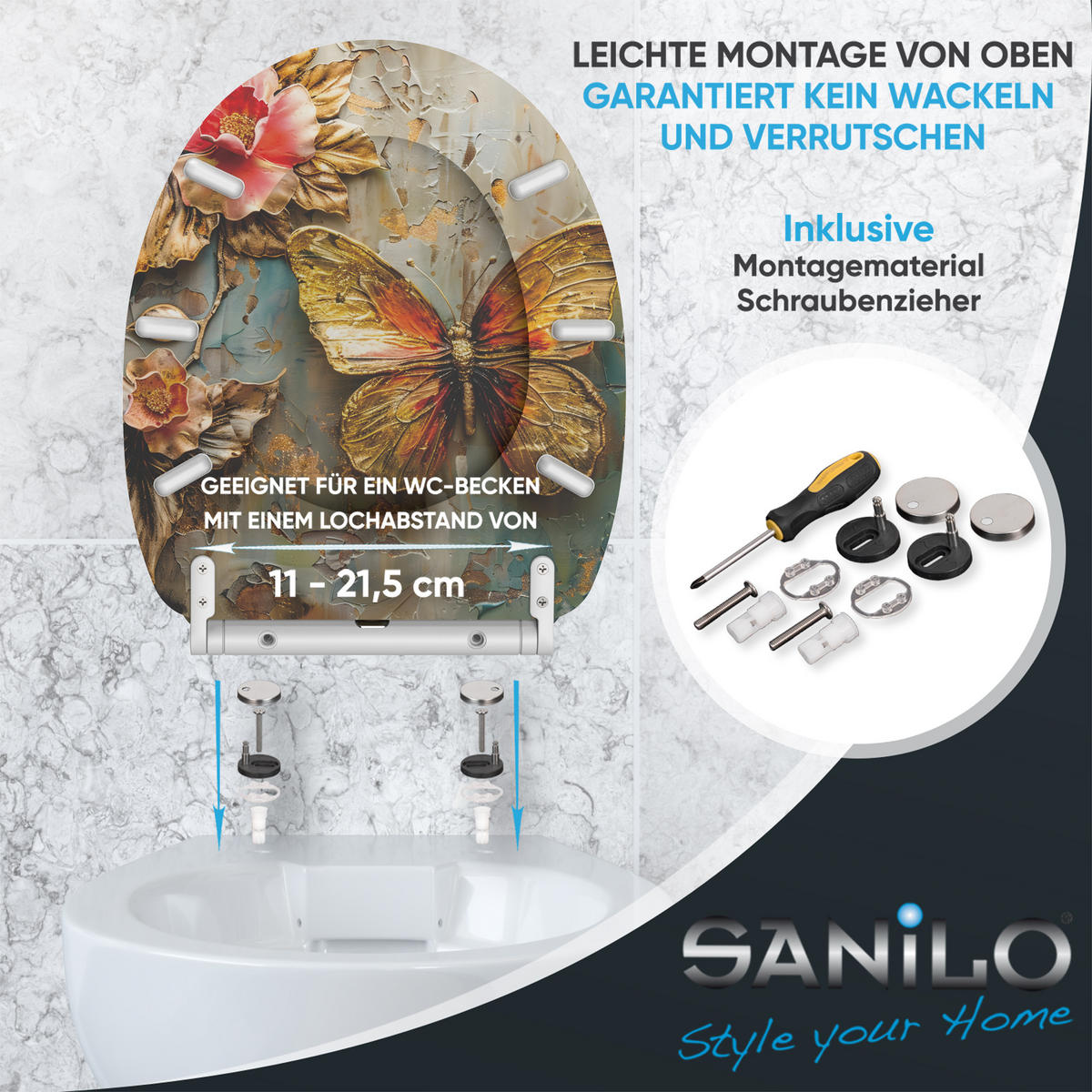 WC-SITZ mit Absenkautomatik & Top Fix Flutterby - Grau, Holzwerkstoff (37.7/5.5/48cm) - Sanilo