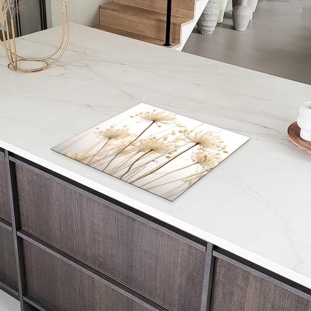 HERDABDECKPLATTE Blumen - Weiß - Sonnenlicht 59x51 cm - Ecru, Kunststoff (59/51/0.2cm) - MuchoWow