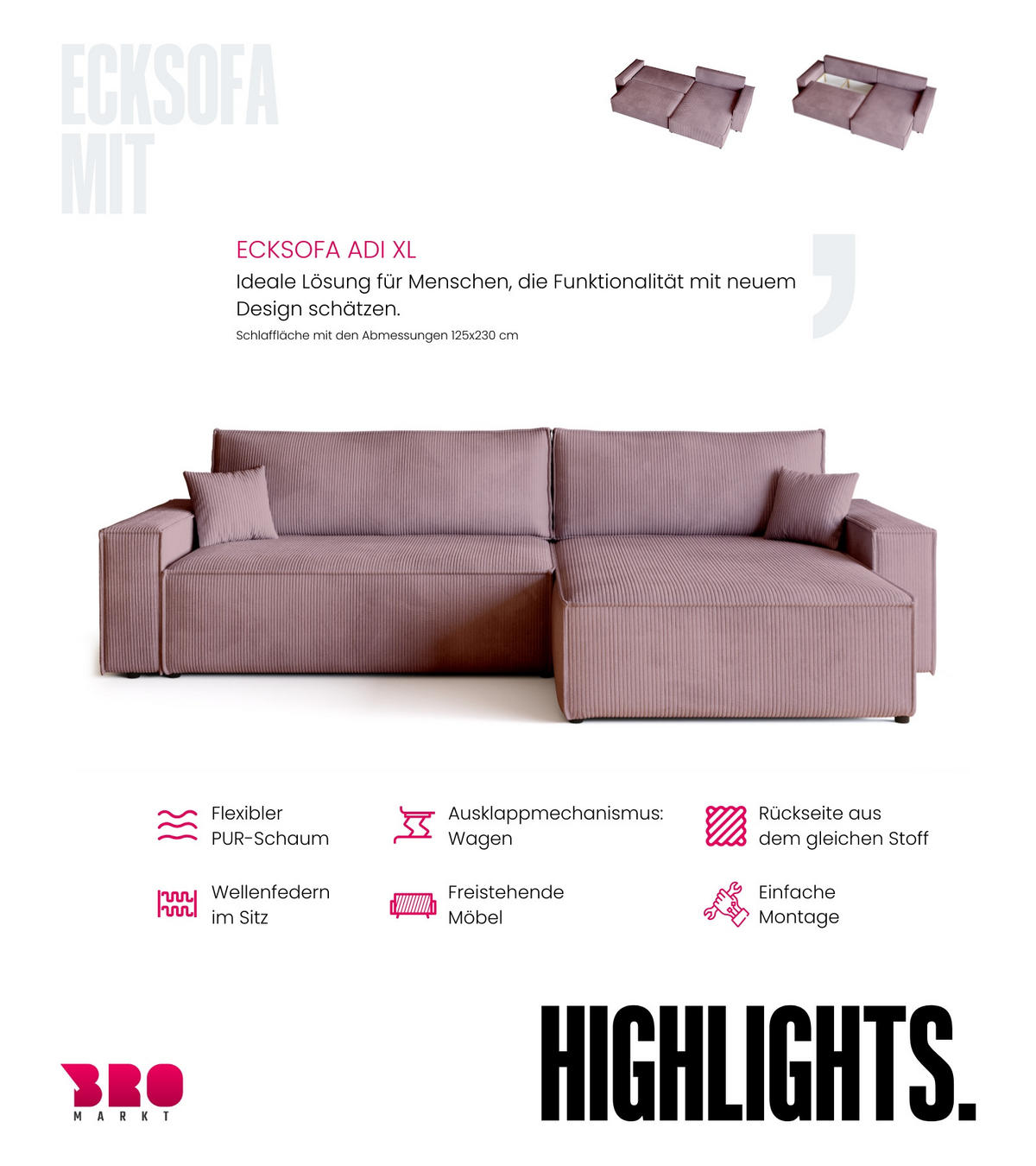 ECKSOFA ADI XL mit Schlaffunktion Puderrosa Cord - Rosa, Textil (272/143cm) - Bromarkt